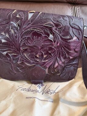 Patricia Nash Hand‑Tooled Leather Crossbody Bag – Plum/Burgundy